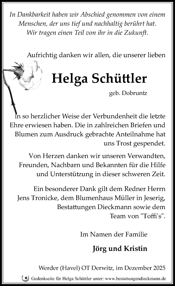 Traueranzeige für Helga Schüttler vom 20.12.2025 aus Märkischen Allgemeine Zeitung