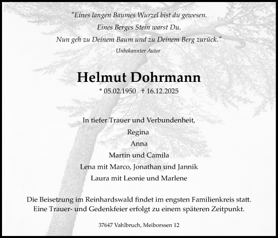Traueranzeige von Helmut Dohrmann von Täglicher Anzeiger Holzminden