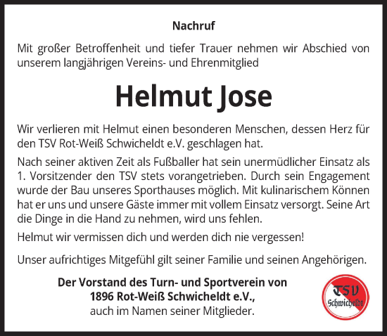 Traueranzeige von Helmut Jose von Peiner Allgemeine Zeitung