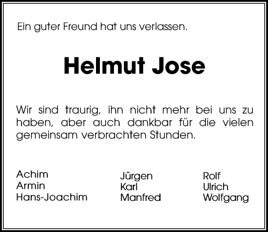 Traueranzeige von Helmut Jose von Peiner Allgemeine Zeitung