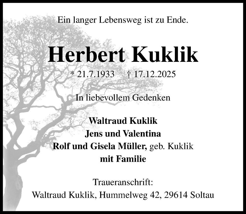  Traueranzeige für Herbert Kuklik vom 20.12.2025 aus Peiner Allgemeine Zeitung