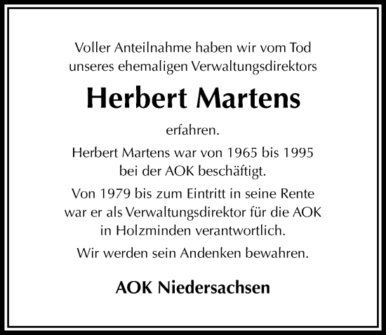Traueranzeige von Herbert Martens von Täglicher Anzeiger Holzminden