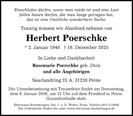 Traueranzeige von Herbert Poerschke von Peiner Allgemeine Zeitung