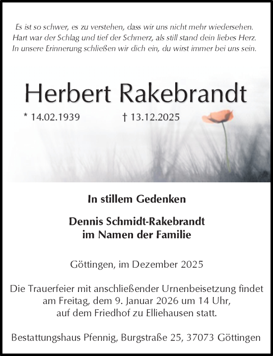 Traueranzeige von Herbert Rakebrandt von Göttinger Tageblatt