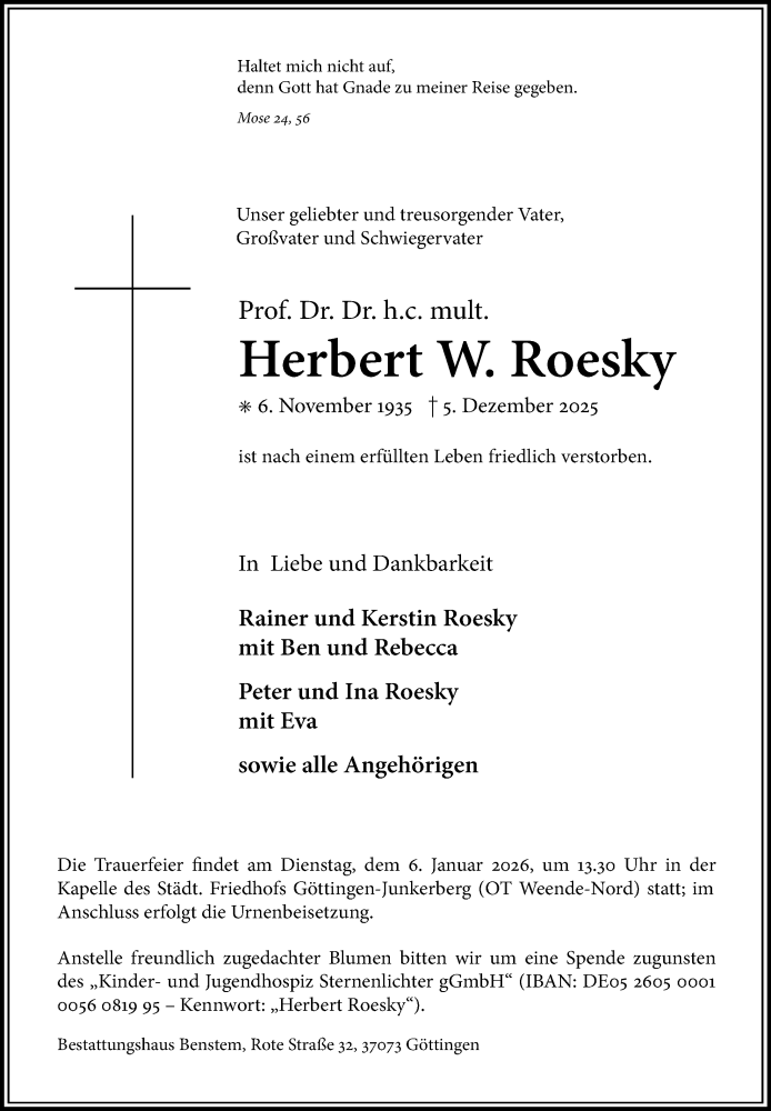  Traueranzeige für Herbert W. Roesky vom 20.12.2025 aus Göttinger Tageblatt
