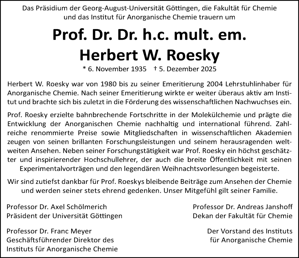  Traueranzeige für Herbert W. Roesky vom 20.12.2025 aus Göttinger Tageblatt