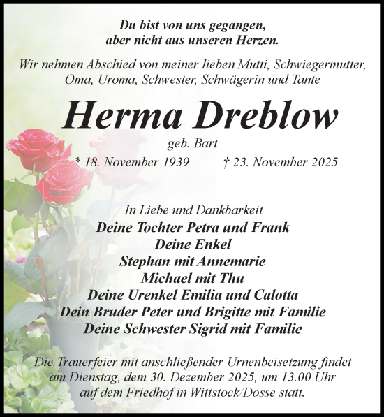 Traueranzeige von Herma Dreblow von Wochenspiegel