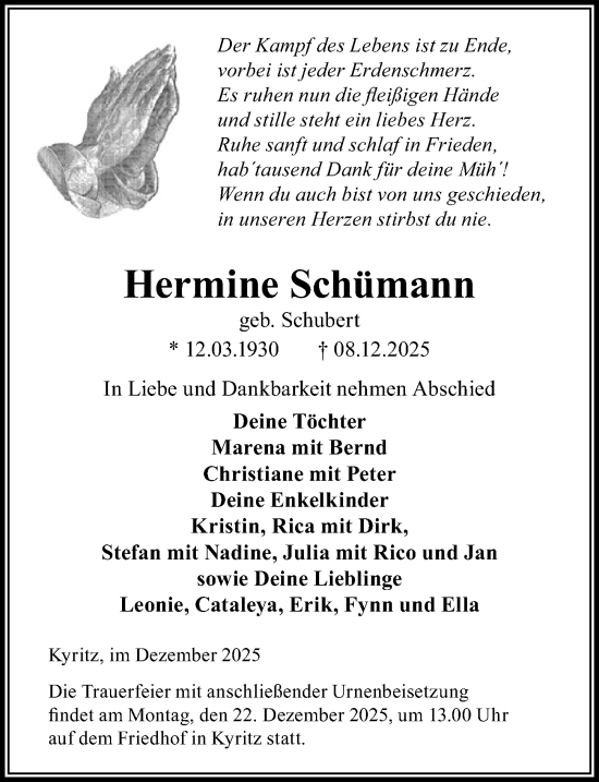 Traueranzeige von Hermine Schümann von Wochenspiegel