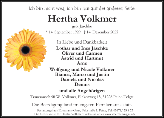 Traueranzeige von Hertha Volkmer von Peiner Allgemeine Zeitung