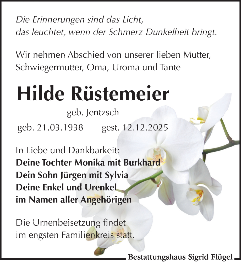  Traueranzeige für Hilde Rüstemeier vom 20.12.2025 aus Leipziger Volkszeitung