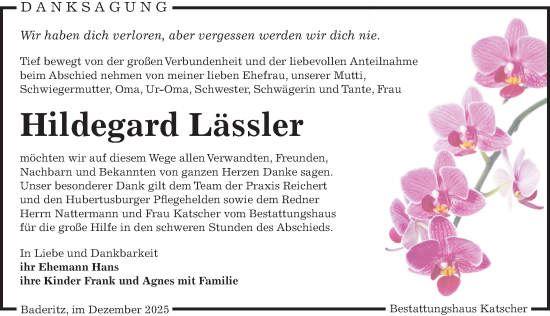 Traueranzeige von Hildegard Lässler von Leipziger Volkszeitung