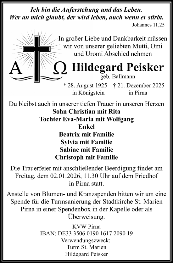 Traueranzeige von Hildegard Peisker von Sächsische Zeitung