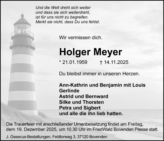 Traueranzeige von Holger Meyer von Göttinger Tageblatt