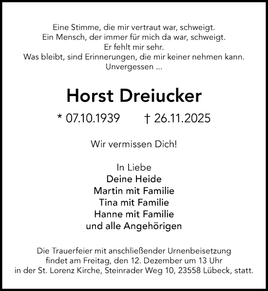 Traueranzeige von Horst Dreiucker von Lübecker Nachrichten