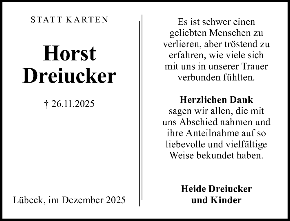  Traueranzeige für Horst Dreiucker vom 21.12.2025 aus Lübecker Nachrichten