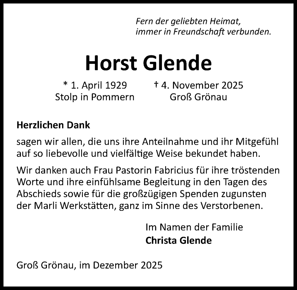  Traueranzeige für Horst Glende vom 21.12.2025 aus Lübecker Nachrichten