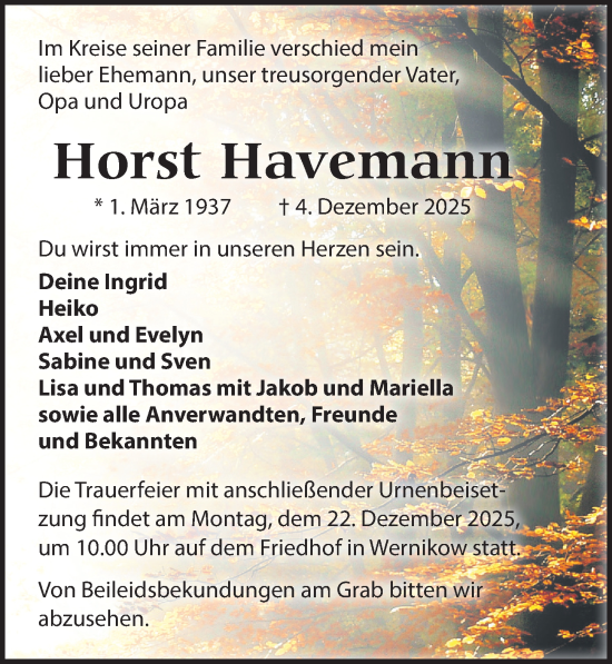 Traueranzeige von Horst Havemann von Wochenspiegel