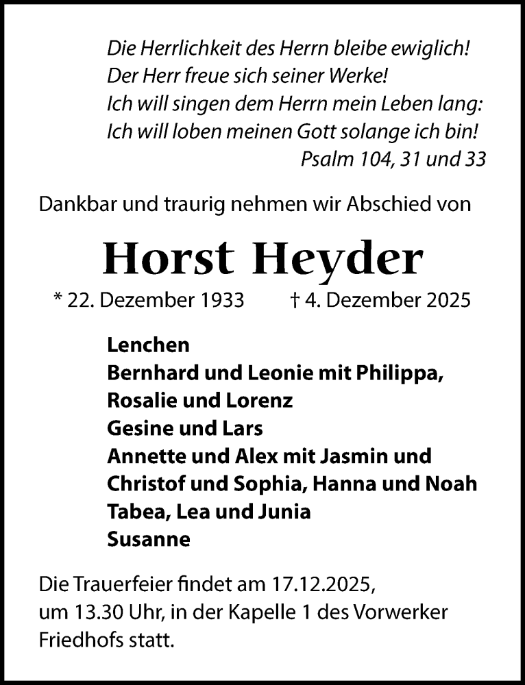  Traueranzeige für Horst Heyder vom 14.12.2025 aus Lübecker Nachrichten