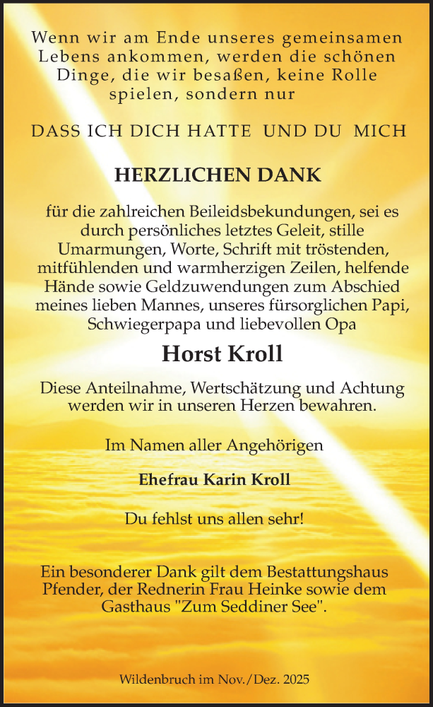  Traueranzeige für Horst Kroll vom 06.12.2025 aus Märkischen Allgemeine Zeitung