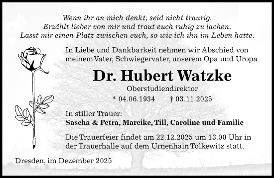 Traueranzeige von Hubert Watzke von Sächsische Zeitung