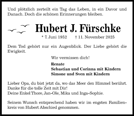 Traueranzeige von Hubert J. Fürschke von Kieler Nachrichten