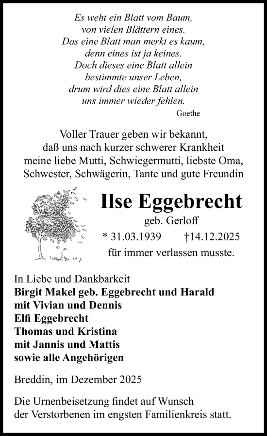 Traueranzeige von Ilse Eggebrecht von Wochenspiegel