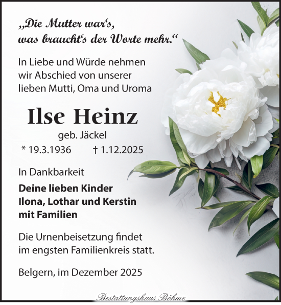 Traueranzeige von Ilse Heinz von Torgauer Zeitung