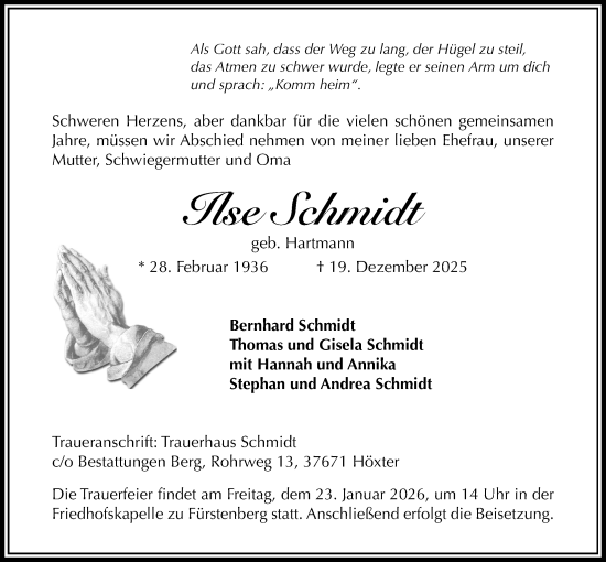 Traueranzeige von Ilse Schmidt von Täglicher Anzeiger Holzminden