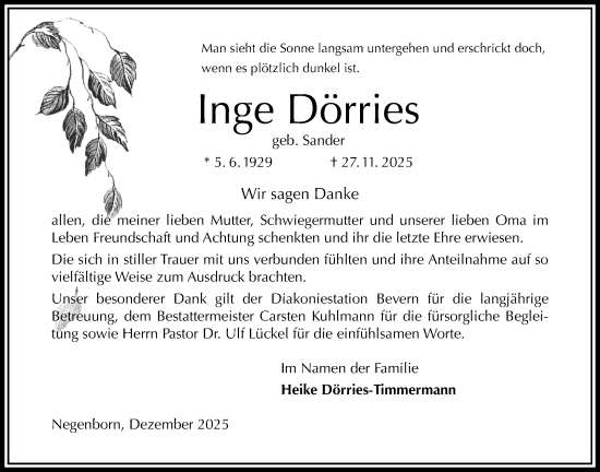 Traueranzeige von Inge Dörries von Täglicher Anzeiger Holzminden