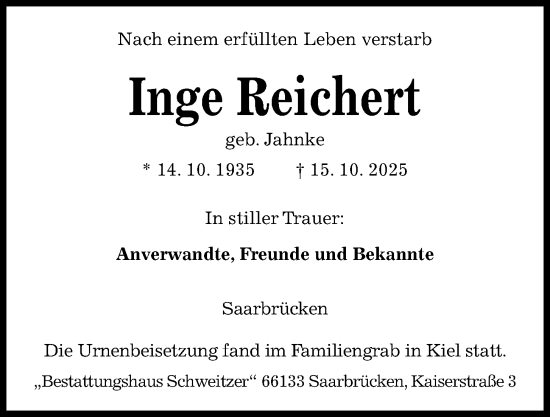 Traueranzeige von Inge Reichert von Kieler Nachrichten