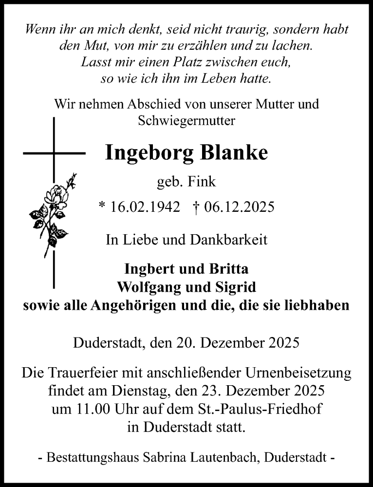  Traueranzeige für Ingeborg Blanke vom 20.12.2025 aus Eichsfelder Tageblatt