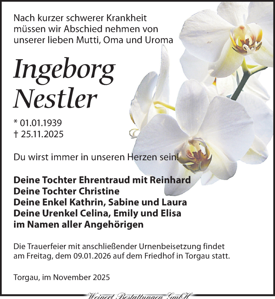  Traueranzeige für Ingeborg Nestler vom 07.12.2025 aus Torgauer Zeitung