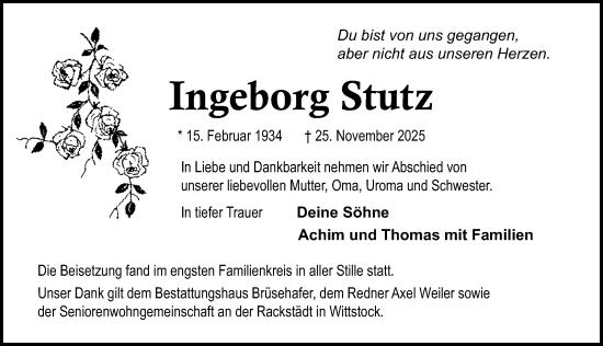 Traueranzeige von Ingeborg Stutz von Wochenspiegel