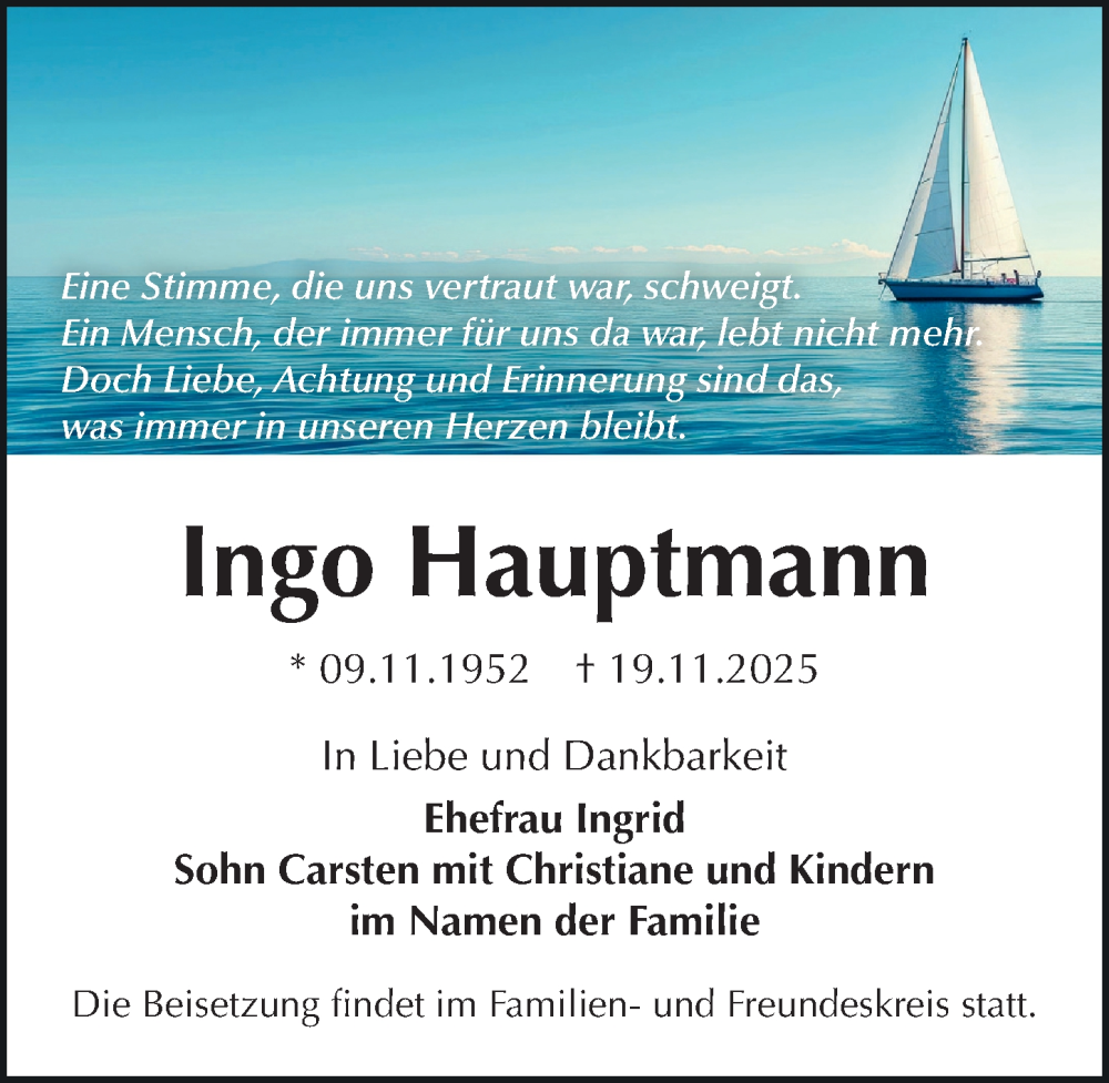  Traueranzeige für Ingo Hauptmann vom 06.12.2025 aus Sächsische Zeitung