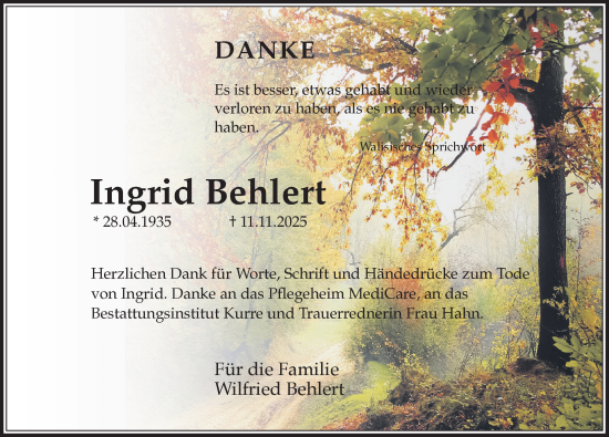 Traueranzeige von Ingrid Behlert von Hannoversche Allgemeine Zeitung/Neue Presse