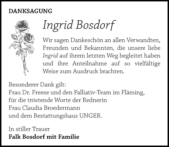 Traueranzeige von Ingrid Bosdorf von Märkischen Allgemeine Zeitung