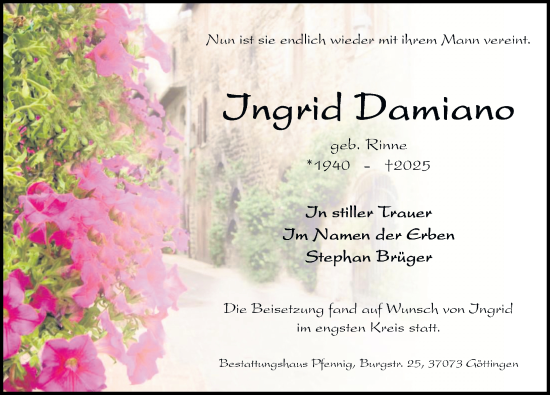 Traueranzeige von Ingrid Damiano von Göttinger Tageblatt
