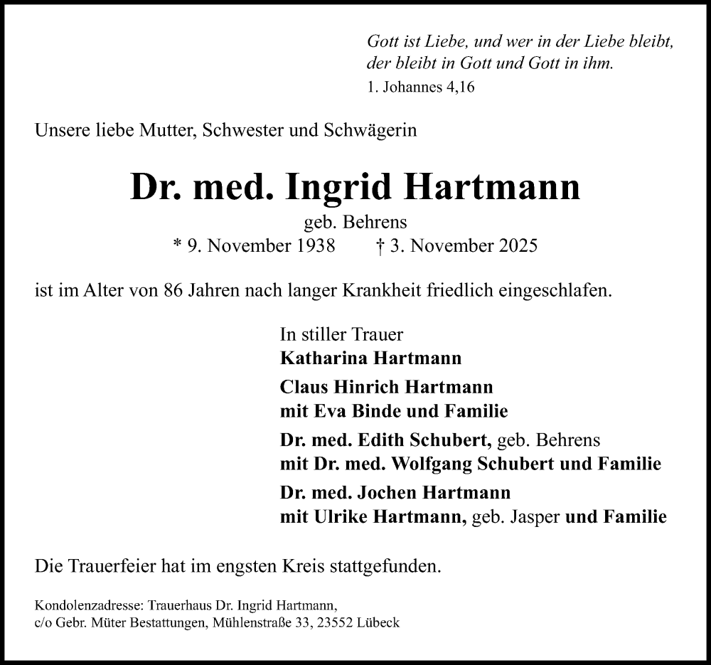  Traueranzeige für Ingrid Hartmann vom 21.12.2025 aus Lübecker Nachrichten