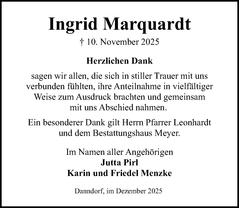  Traueranzeige für Ingrid Marquardt vom 13.12.2025 aus Aller Zeitung