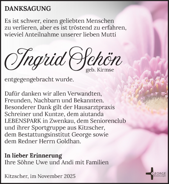 Traueranzeige von Ingrid Schön von Leipziger Volkszeitung