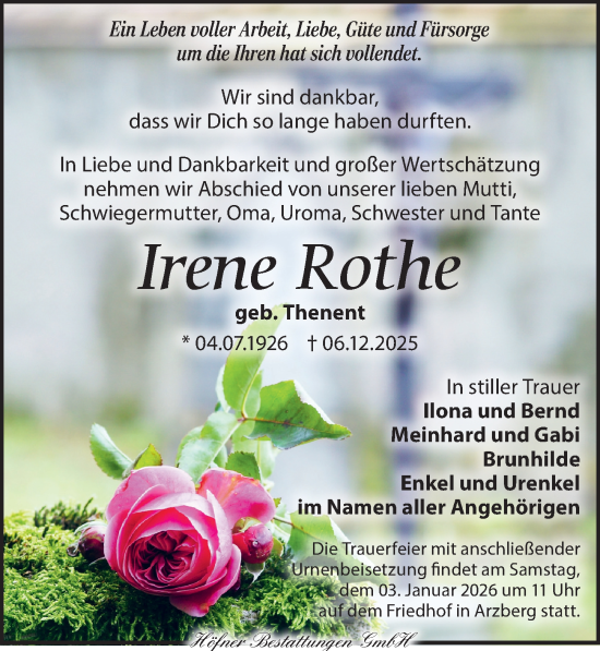 Traueranzeige von Irene Rothe von Torgauer Zeitung