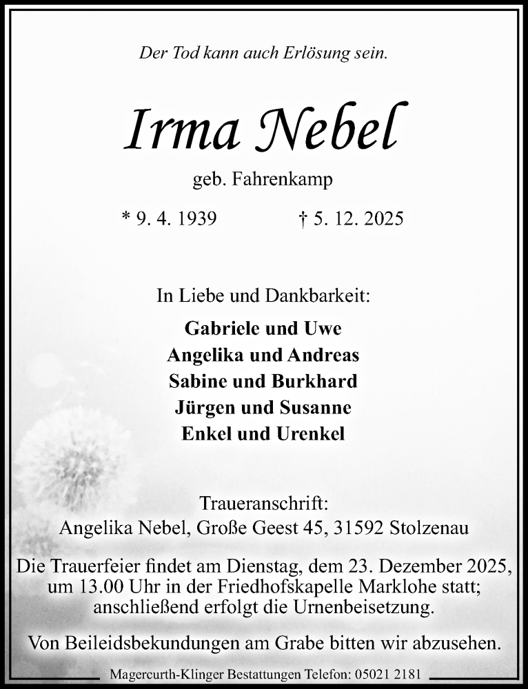  Traueranzeige für Irma Nebel vom 13.12.2025 aus Die Harke