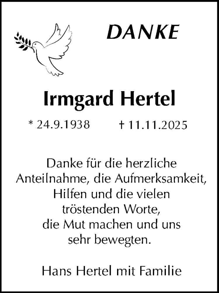  Traueranzeige für Irmgard Hertel vom 06.12.2025 aus Hannoversche Allgemeine Zeitung/Neue Presse