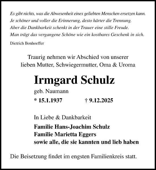 Traueranzeige von Irmgard Schulz von Ostsee-Zeitung GmbH