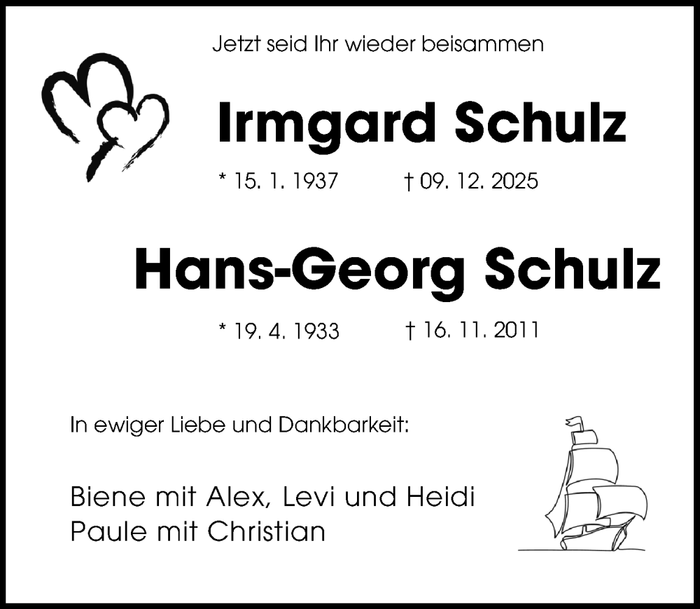  Traueranzeige für Irmgard Schulz vom 20.12.2025 aus Ostsee-Zeitung GmbH