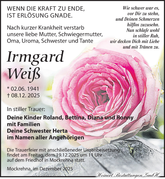 Traueranzeige von Irmgard Weiß von Torgauer Zeitung