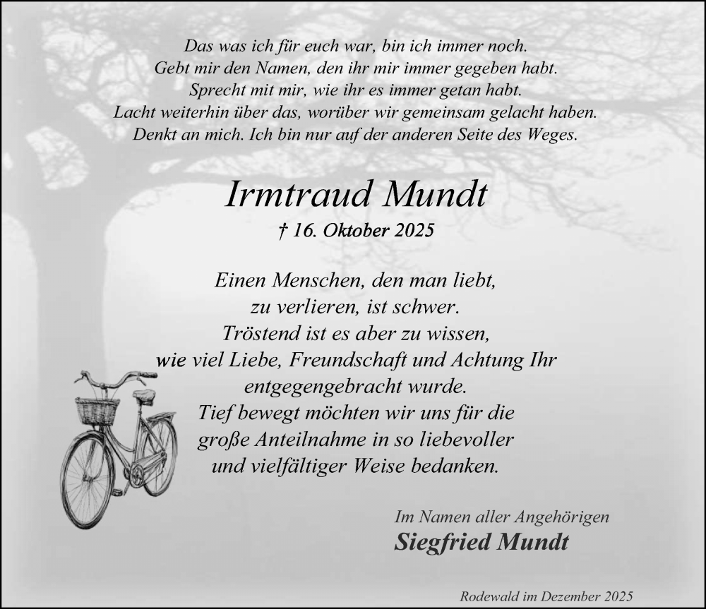  Traueranzeige für Irmtraud Mundt vom 13.12.2025 aus Die Harke