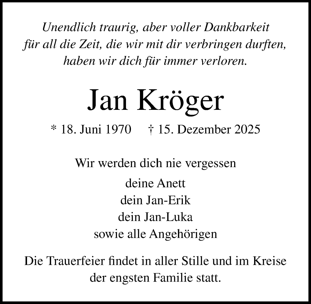  Traueranzeige für Jan Kröger vom 27.12.2025 aus Ostsee-Zeitung GmbH
