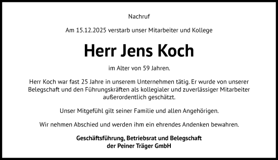Traueranzeige von Jens Koch von Peiner Allgemeine Zeitung