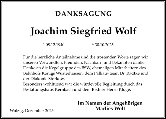 Traueranzeige von Joachim Siegfried Wolf von Märkischen Allgemeine Zeitung